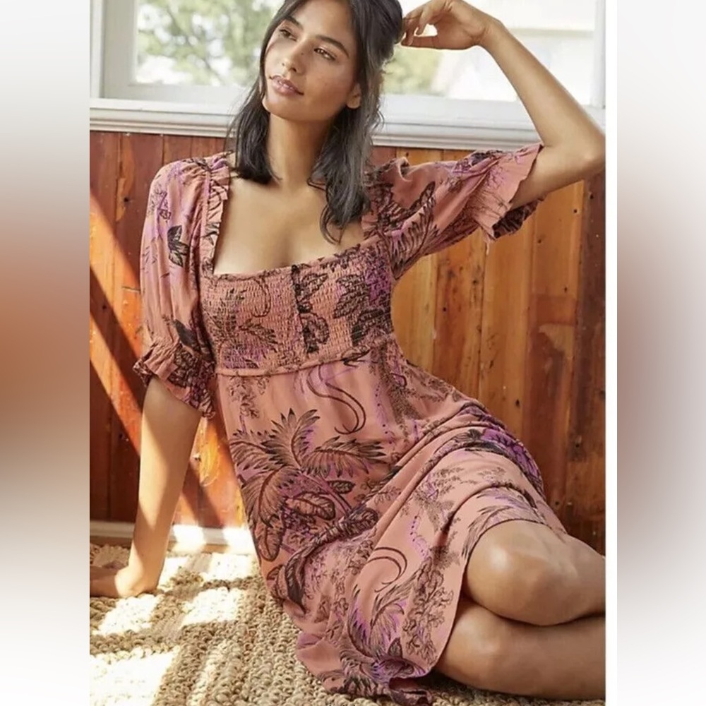 Anthropologie floral Printed Puff Sleeve midi dress size L